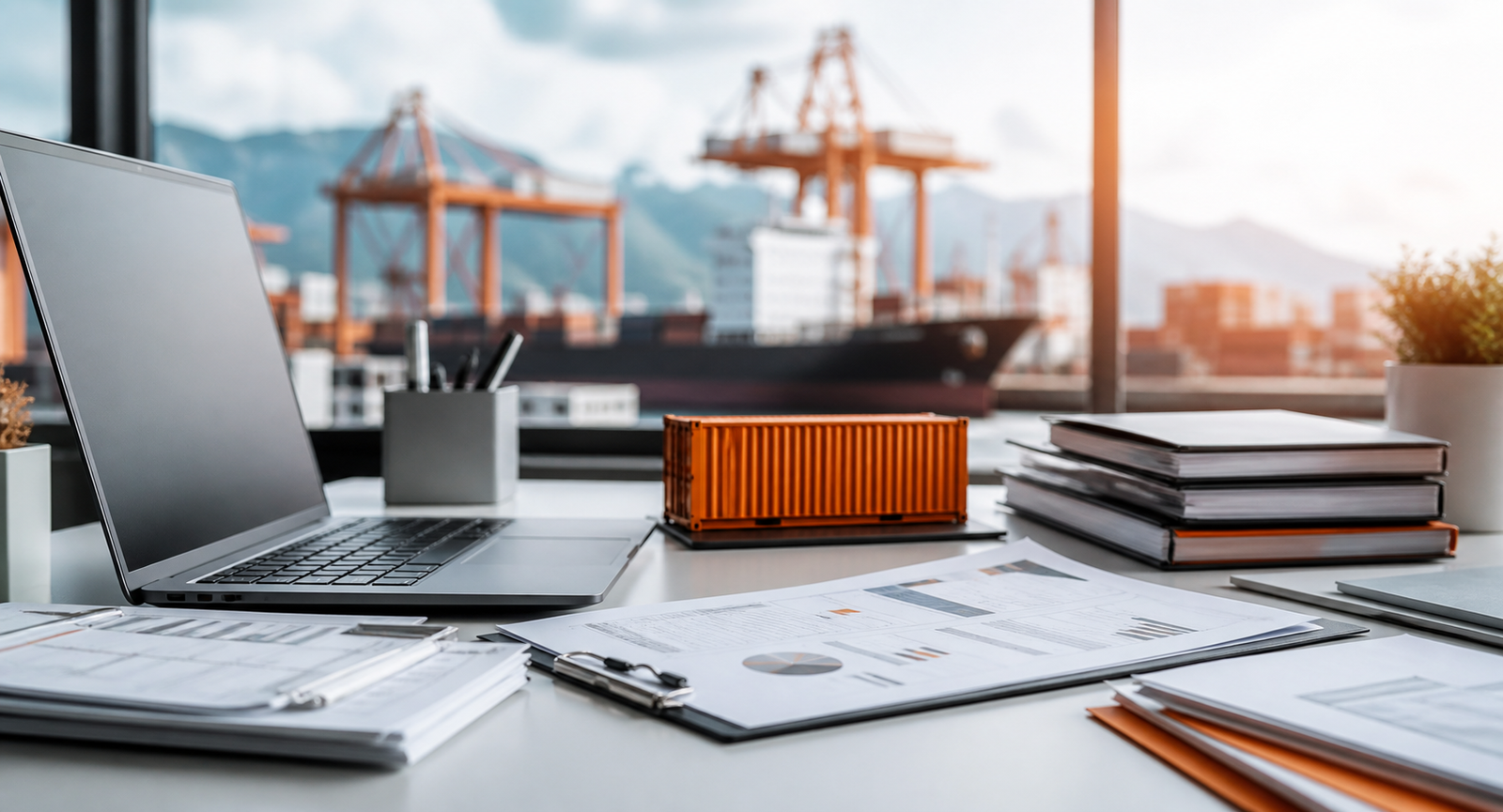 Mesa de trabalho com documentos de importação e contexto portuário